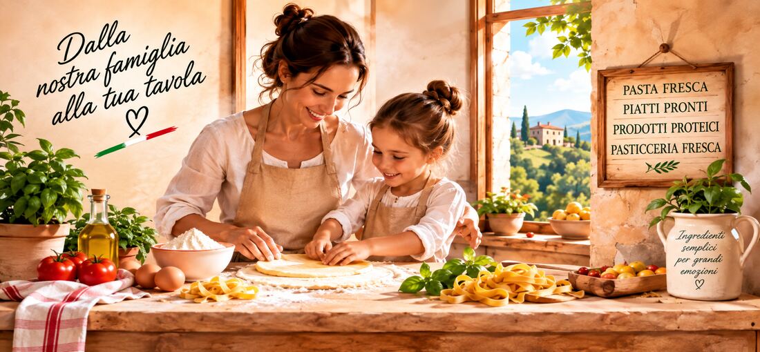Madre e figlia preparano insieme la sfoglia su un tavolo di legno, in una cucina di campagna