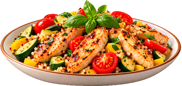 Piatto di pollo grigliato con quinoa, zucchine, pomodorini e basilico